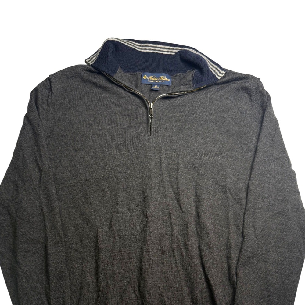 Brooks Brothers Sweater Large 100% Extra Fine Merino Wool Gray Navy Collar Med